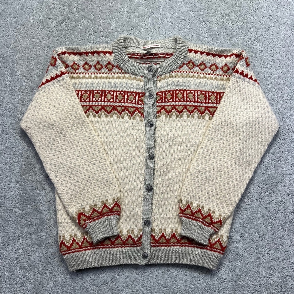 Handmade in Norway Cardigan Sweater Women M Cream Red Gray Wool Nordic Fair Isle